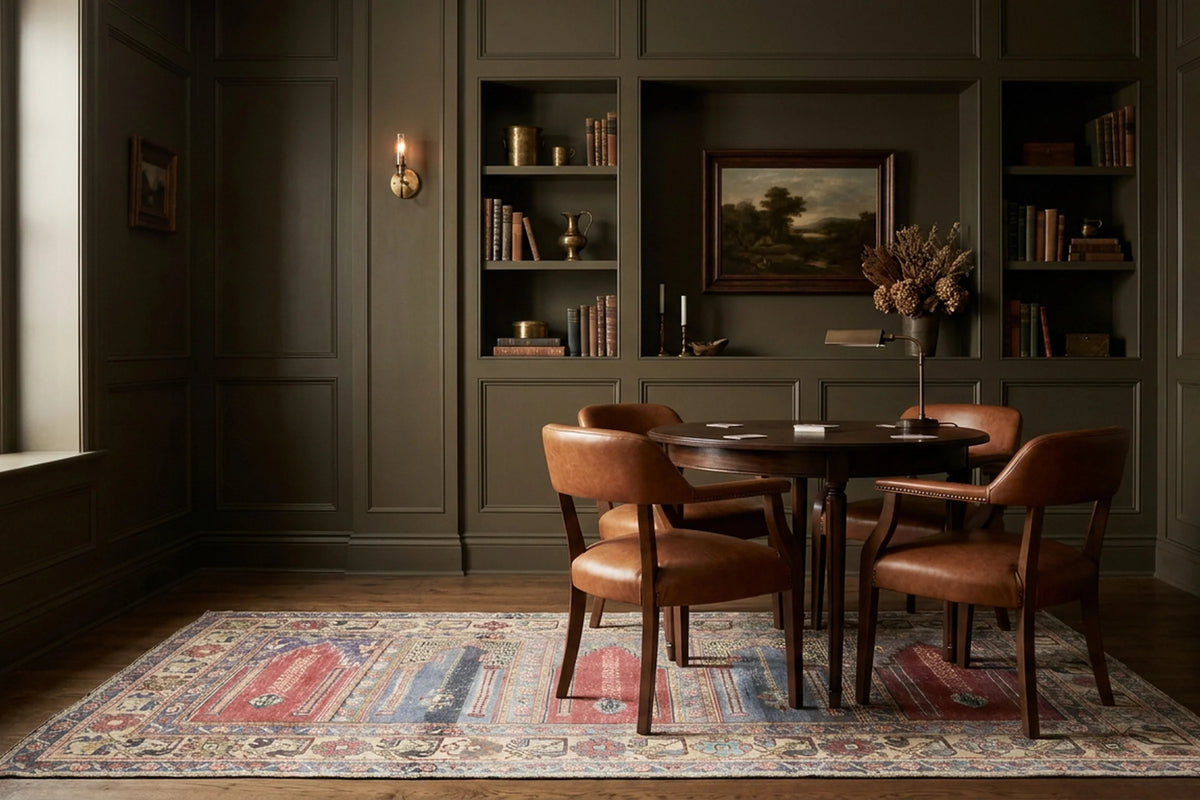 Red Turkish rug in a styled room