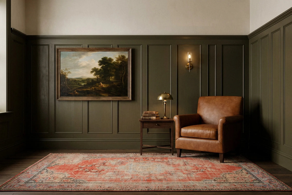 Red Turkish rug in a styled room