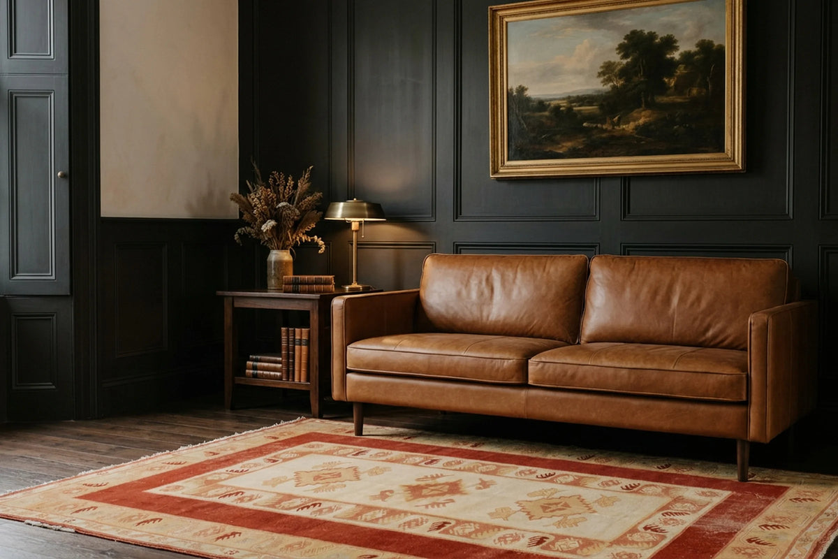 Red Turkish rug in a styled room