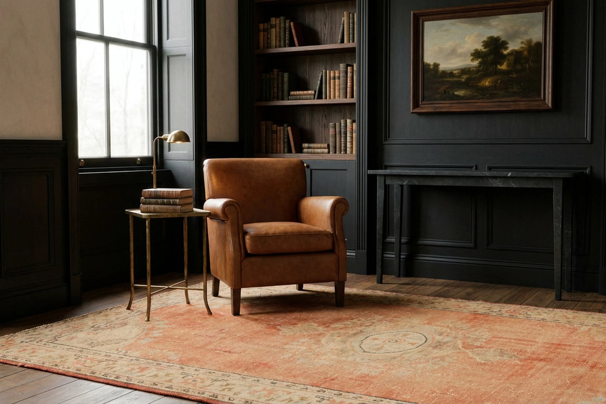 Red Turkish rug in a study