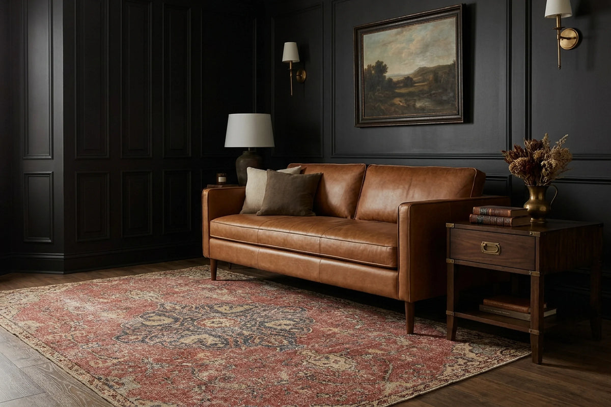 Red Turkish rug in a styled room