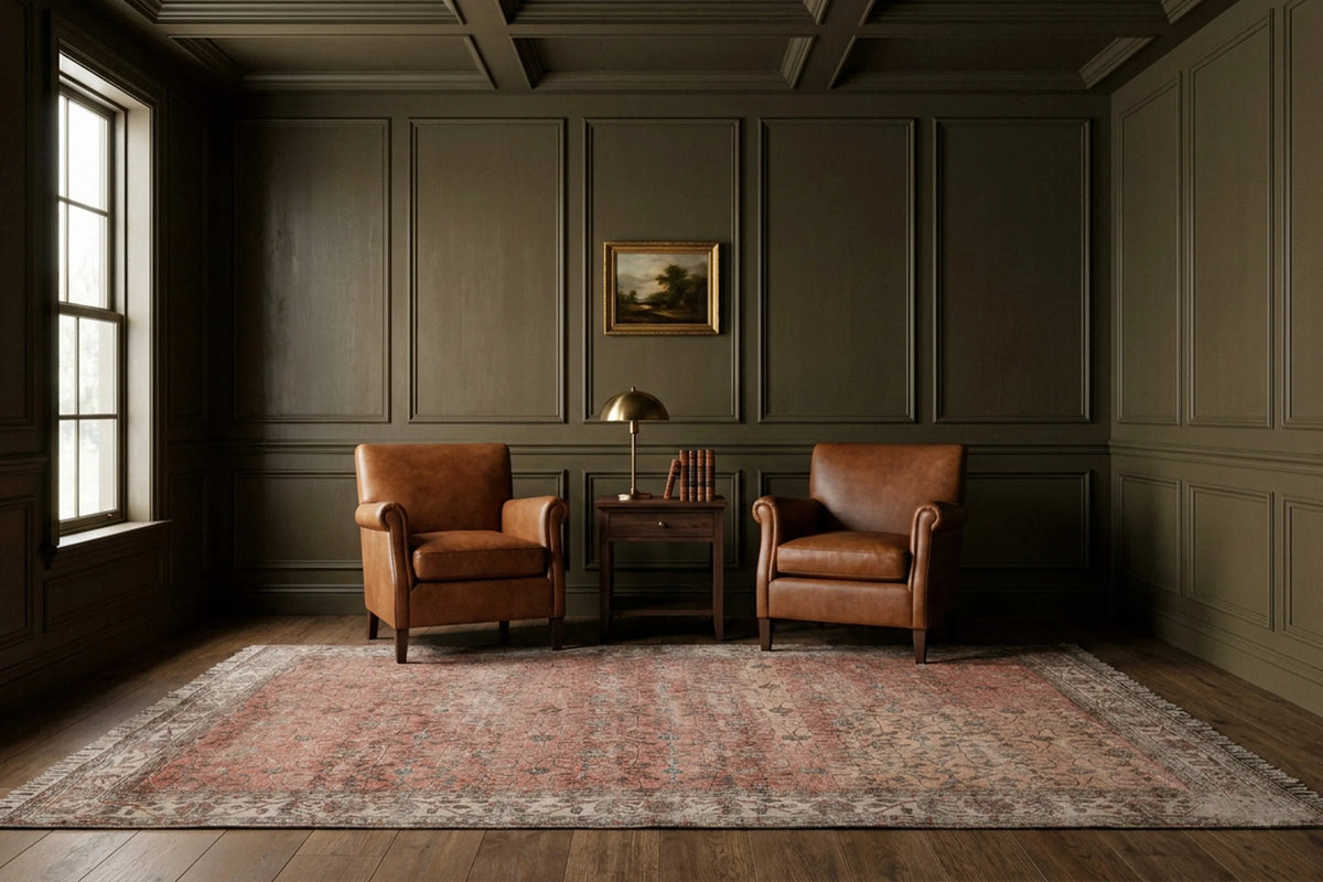 Red Turkish rug in a study