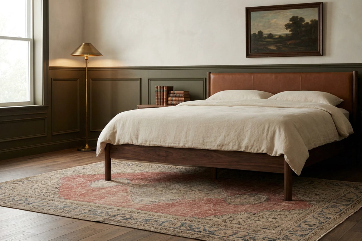 Red Turkish rug in a bedroom