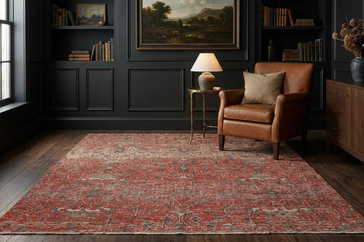 Red Turkish rug in a styled room