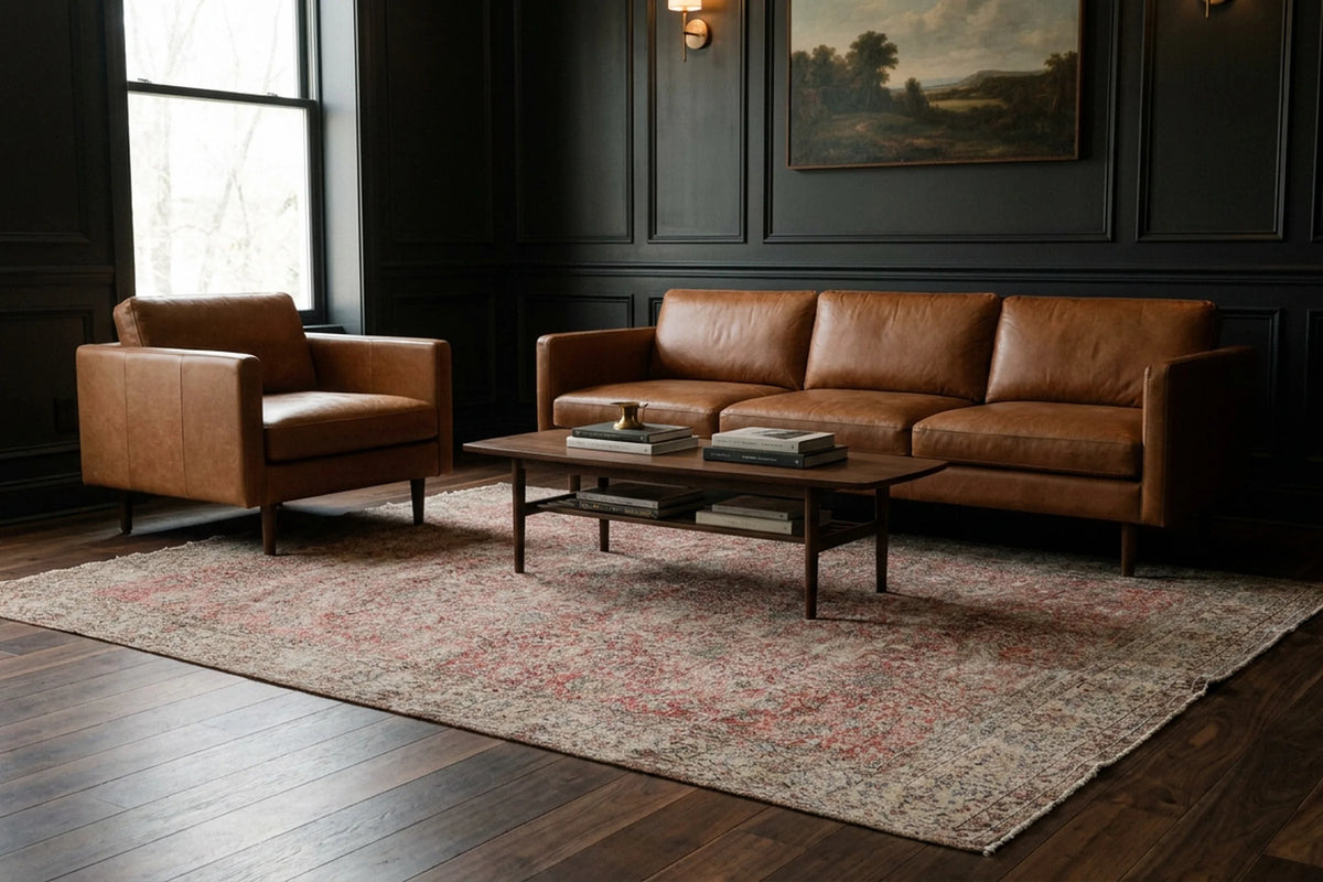 Red Turkish rug in a styled room