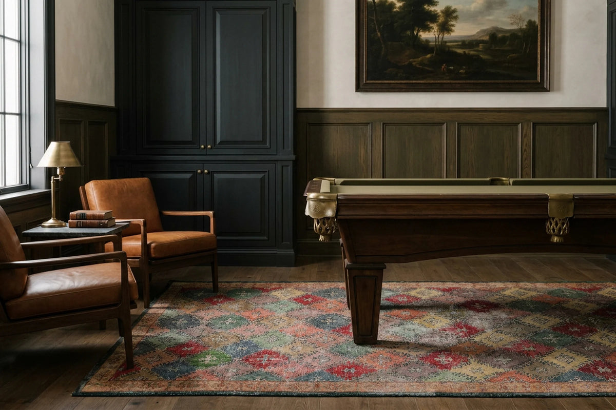 Red Turkish rug in a styled room
