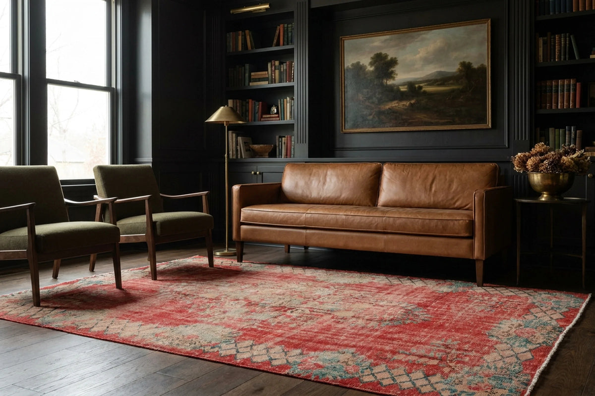 Red Turkish rug in a library