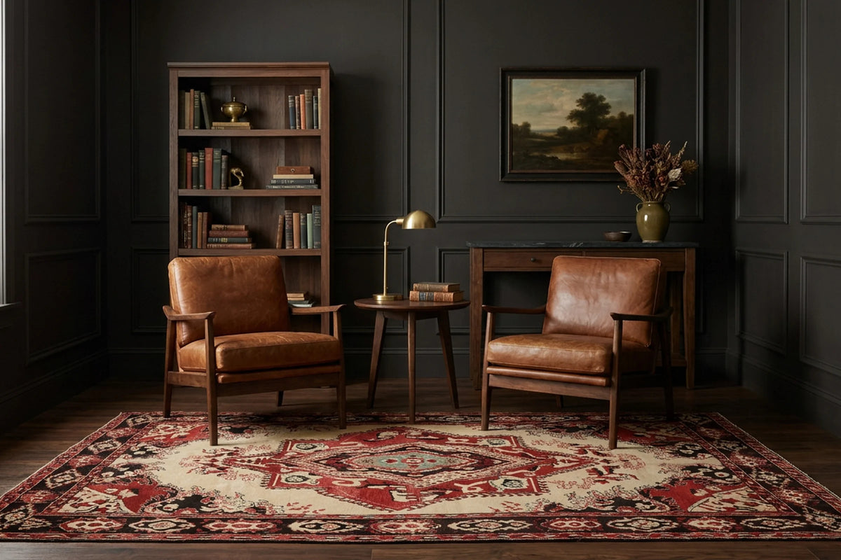 Red Turkish rug in a den