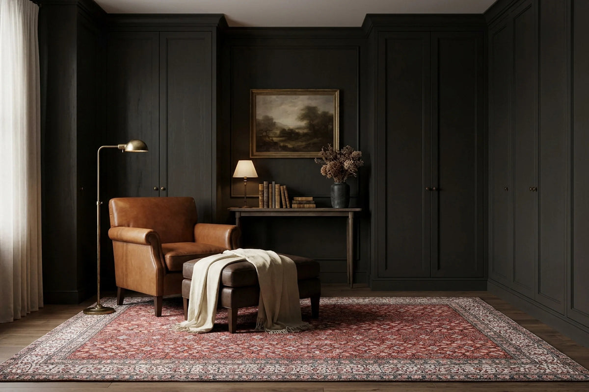 Red Turkish rug in a styled room