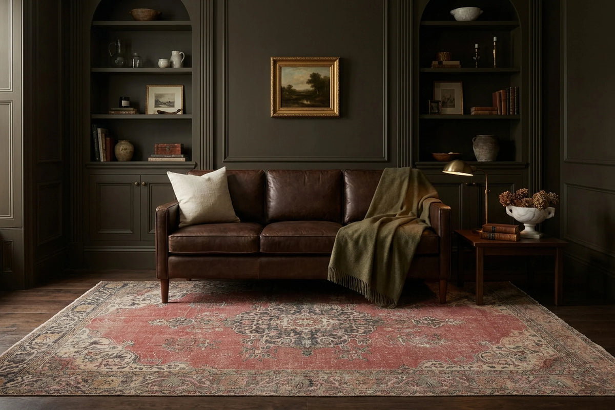 Red Turkish rug in a styled room