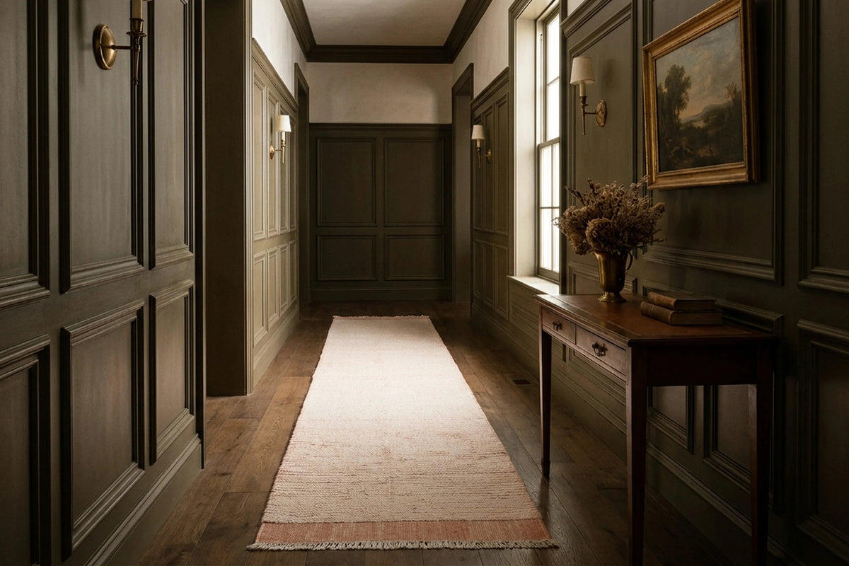 Apricot Shaggy Wool runner rug in a corridor