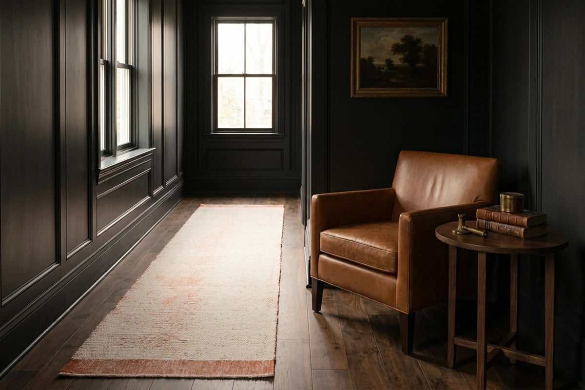 Terracotta Shaggy Wool runner rug in a landing
