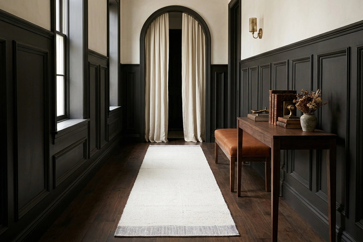 Silver Gray Shaggy Wool runner rug in a hallway