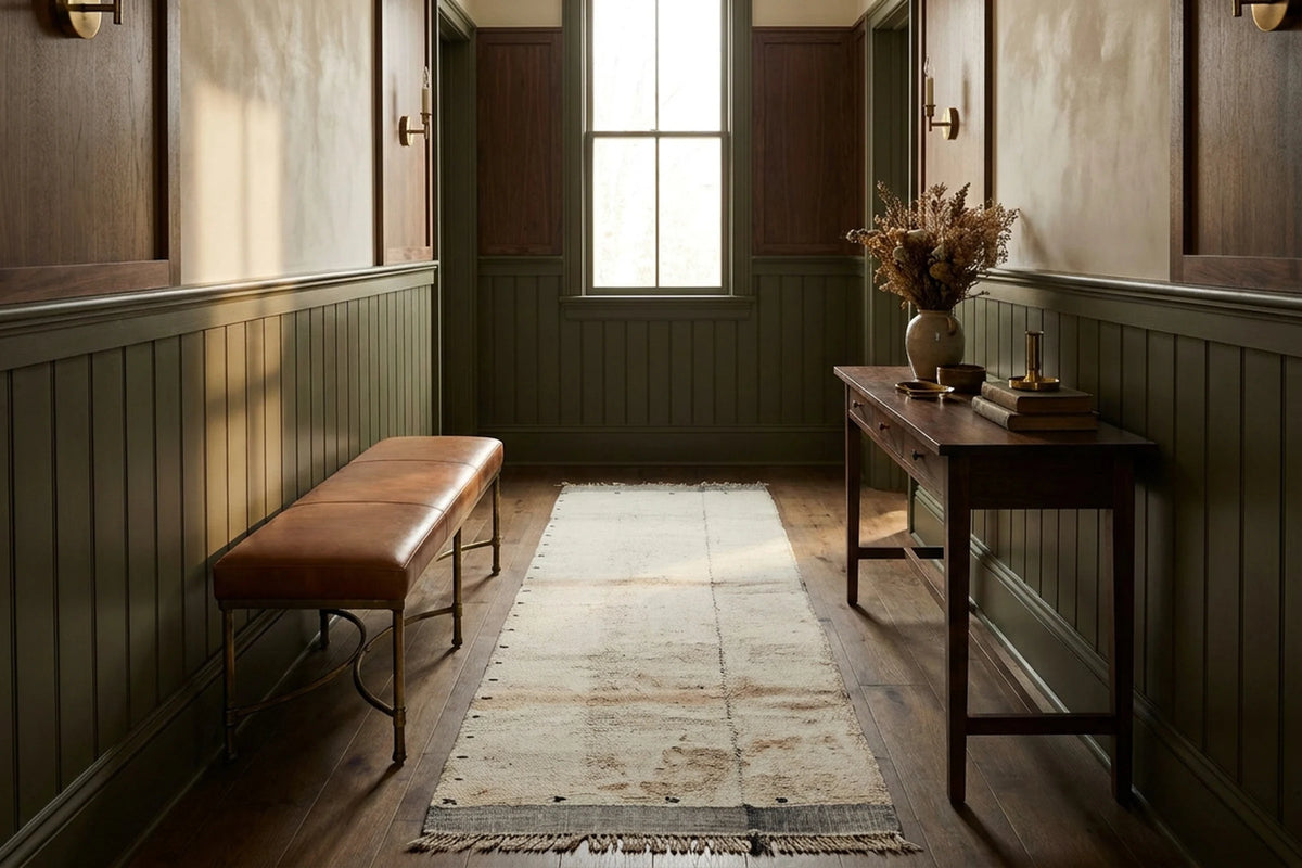 Sky Blue Shaggy Wool runner rug in a hallway