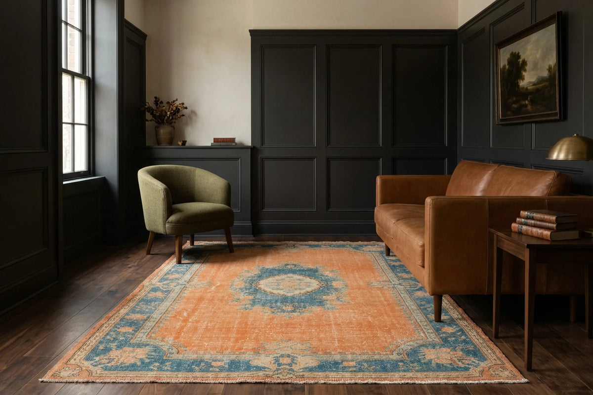 Orange Turkish rug in a styled room
