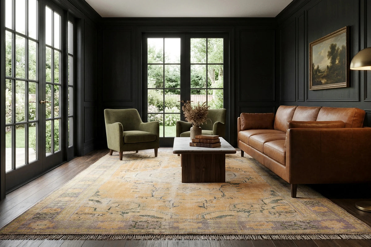 Orange Turkish rug in a den