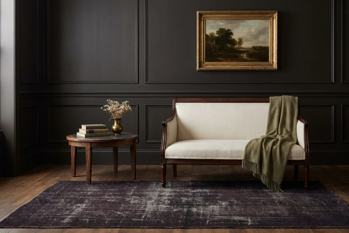Purple Turkish rug in a styled room