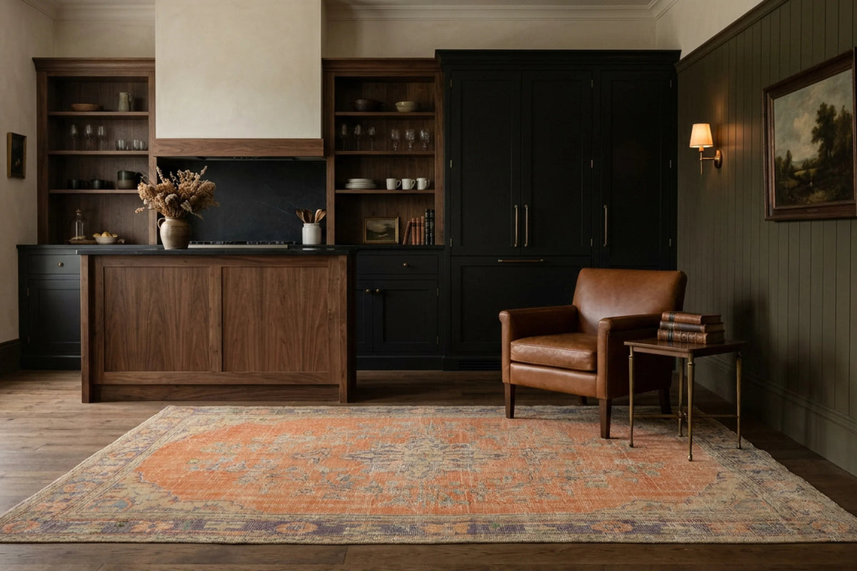 Orange Turkish rug in a kitchen