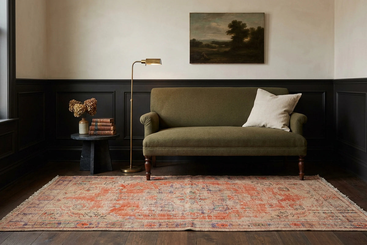 Orange Turkish rug in a library