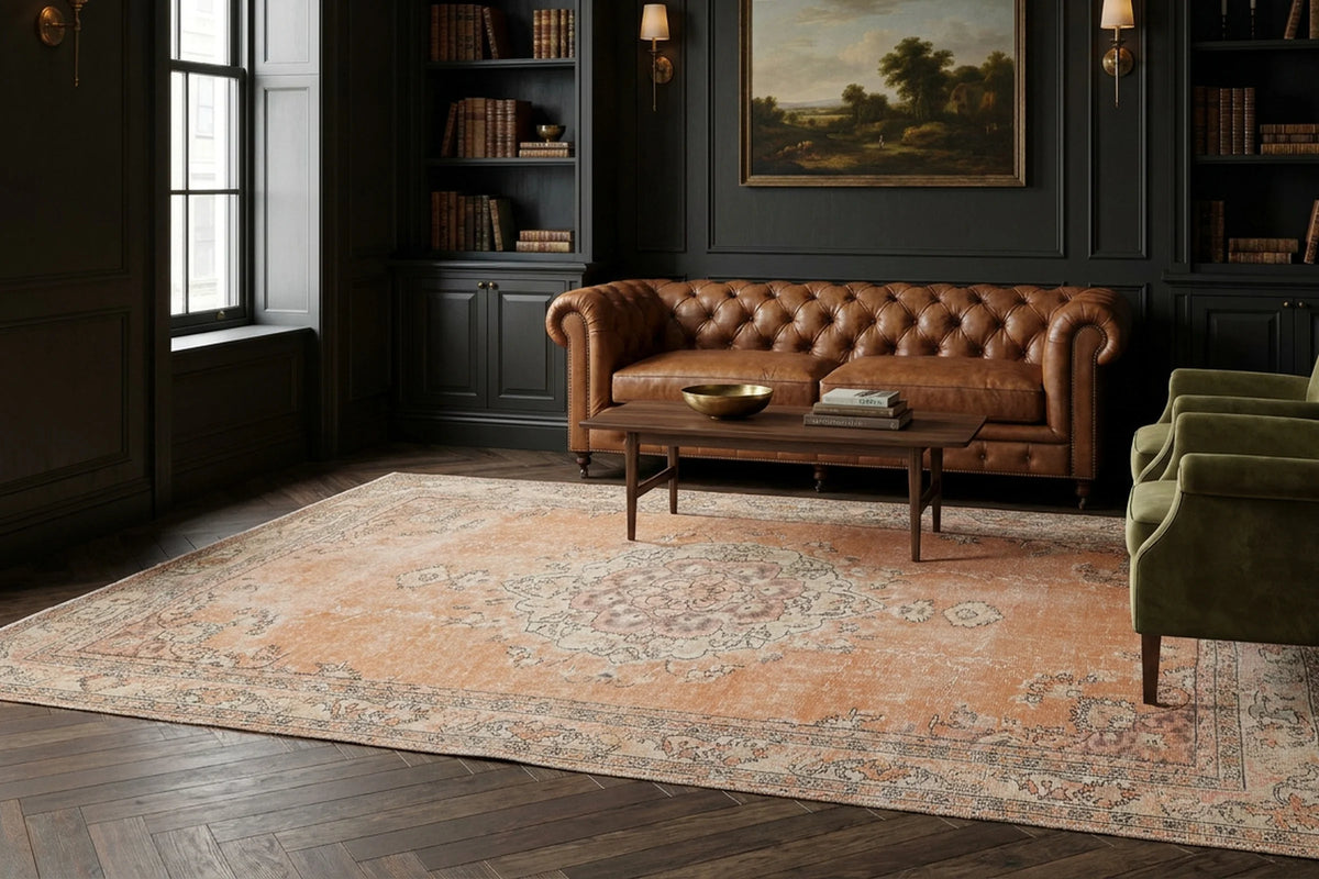 Orange Turkish rug in a styled room