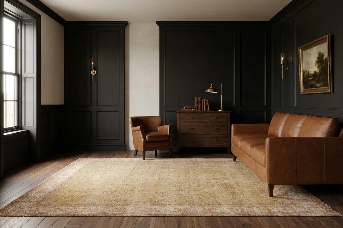 Yellow Turkish rug in a bedroom