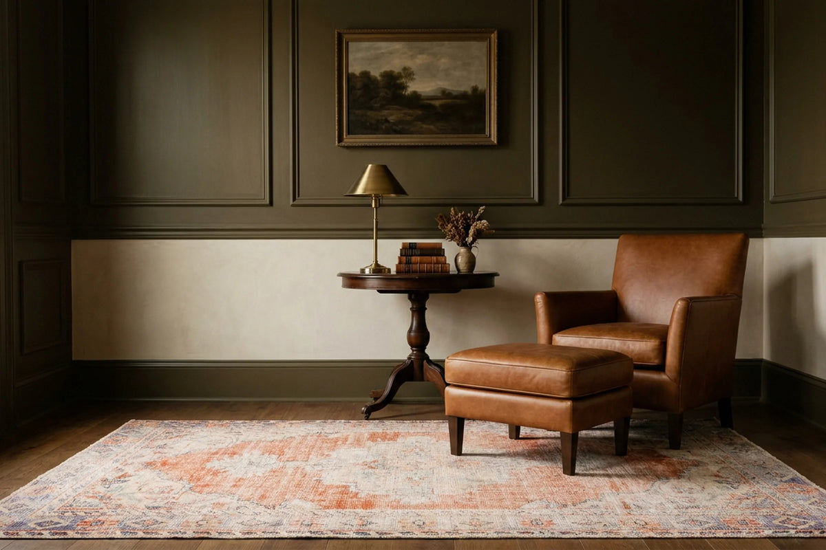 Orange Turkish rug in a styled room