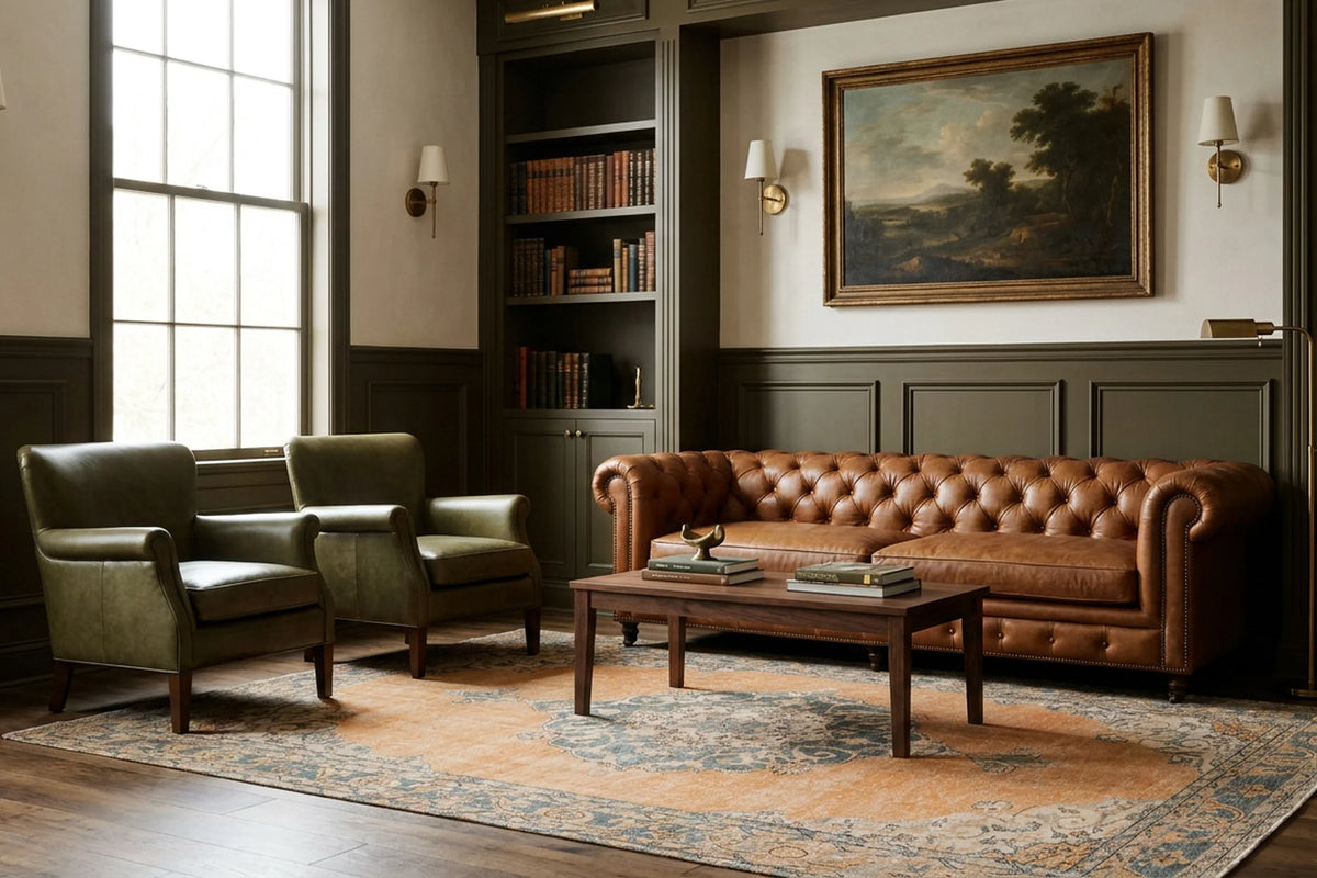 Orange Turkish rug in a library