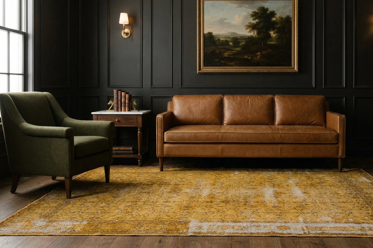 Yellow Turkish rug in a living room