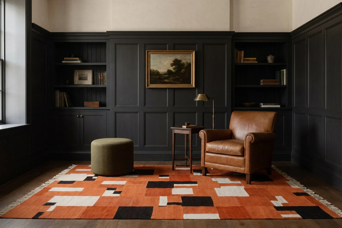 Orange Turkish rug in a styled room