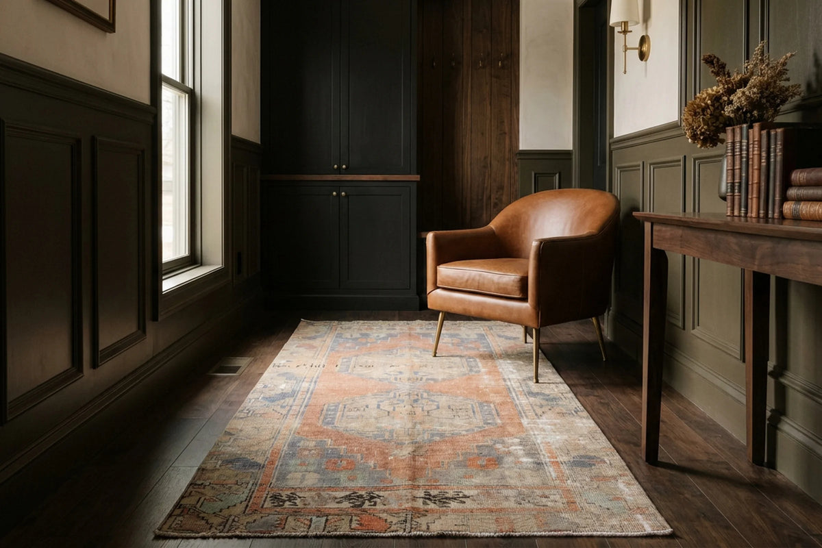 Orange Turkish rug in a den