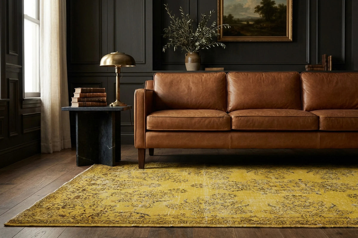 Yellow Turkish rug in a styled room