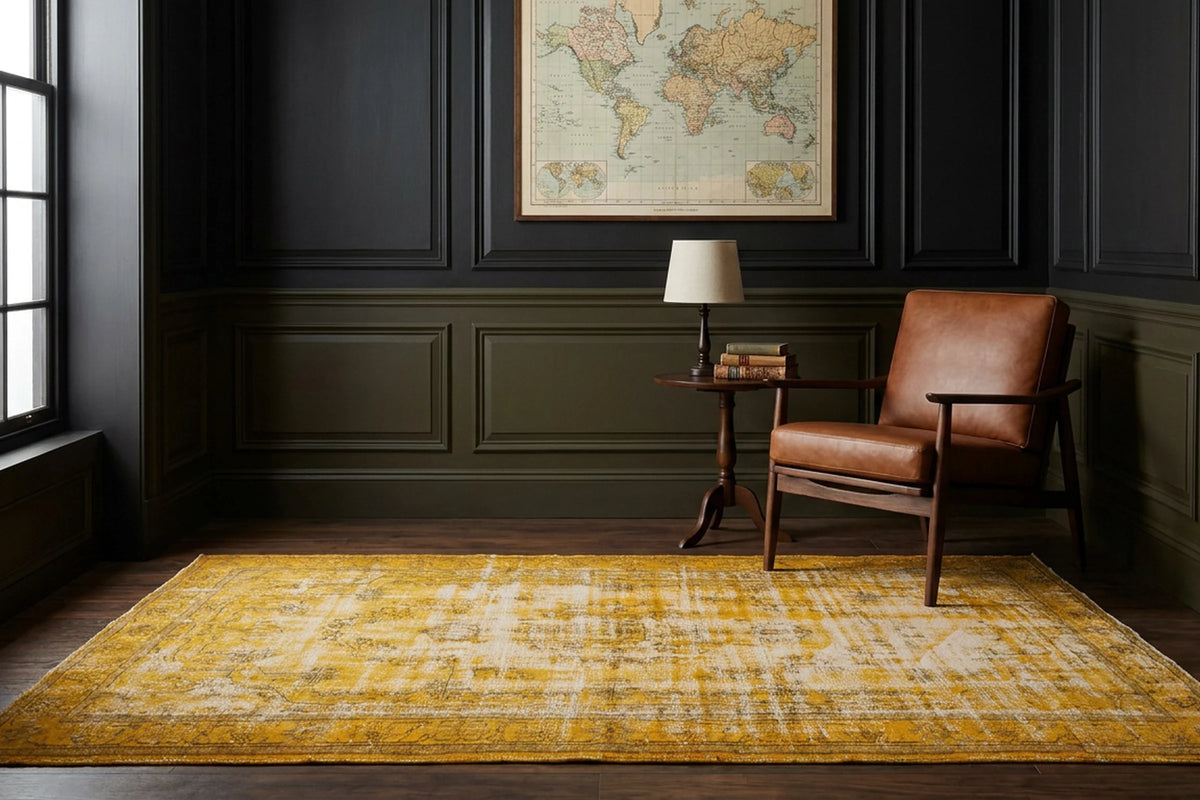 Yellow Turkish rug in a styled room
