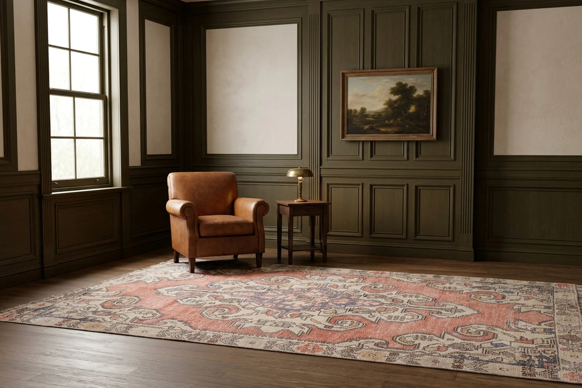 Orange Turkish rug in a den