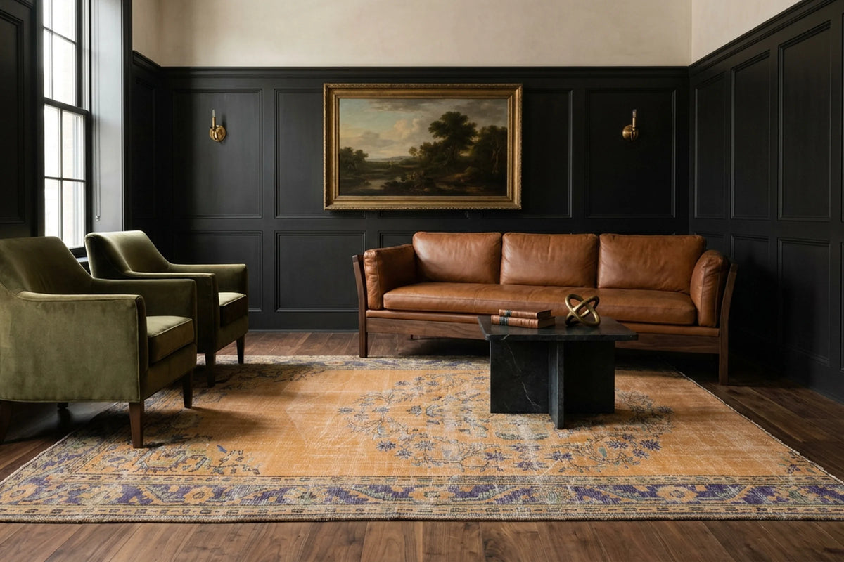 Orange Turkish rug in a styled room