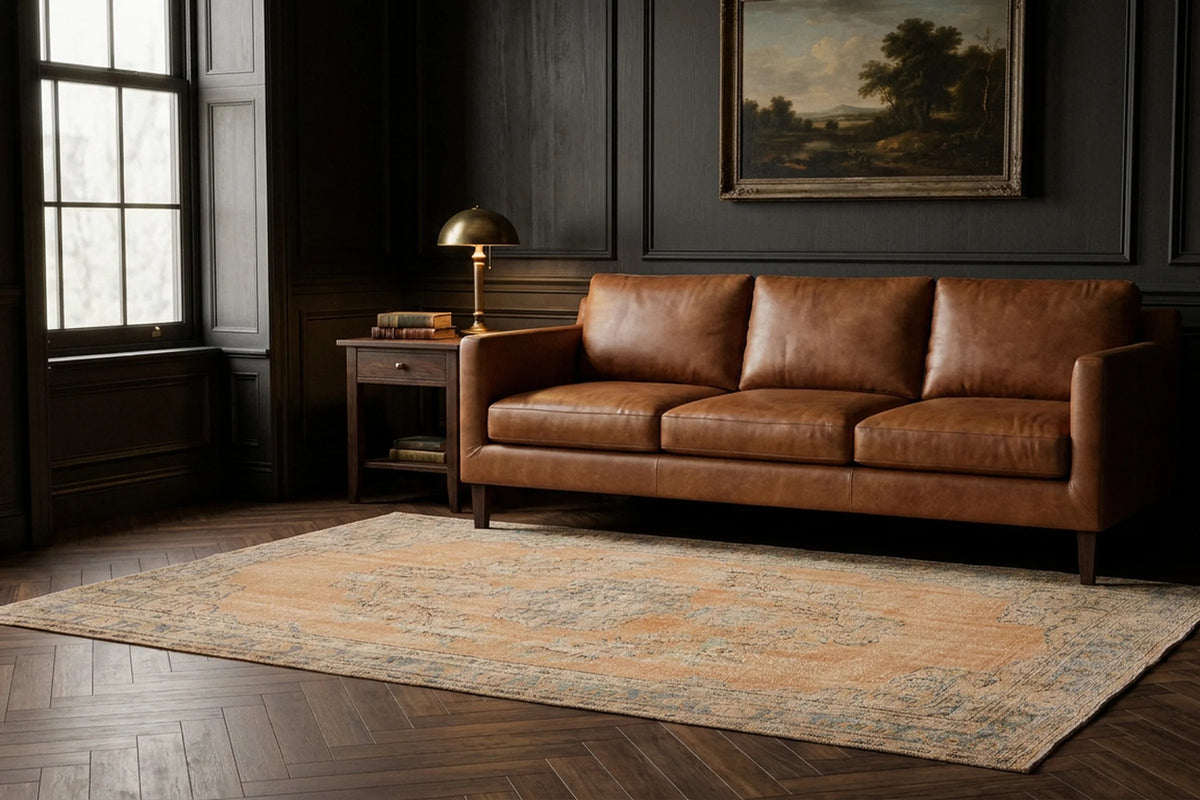 Orange Turkish rug in a styled room