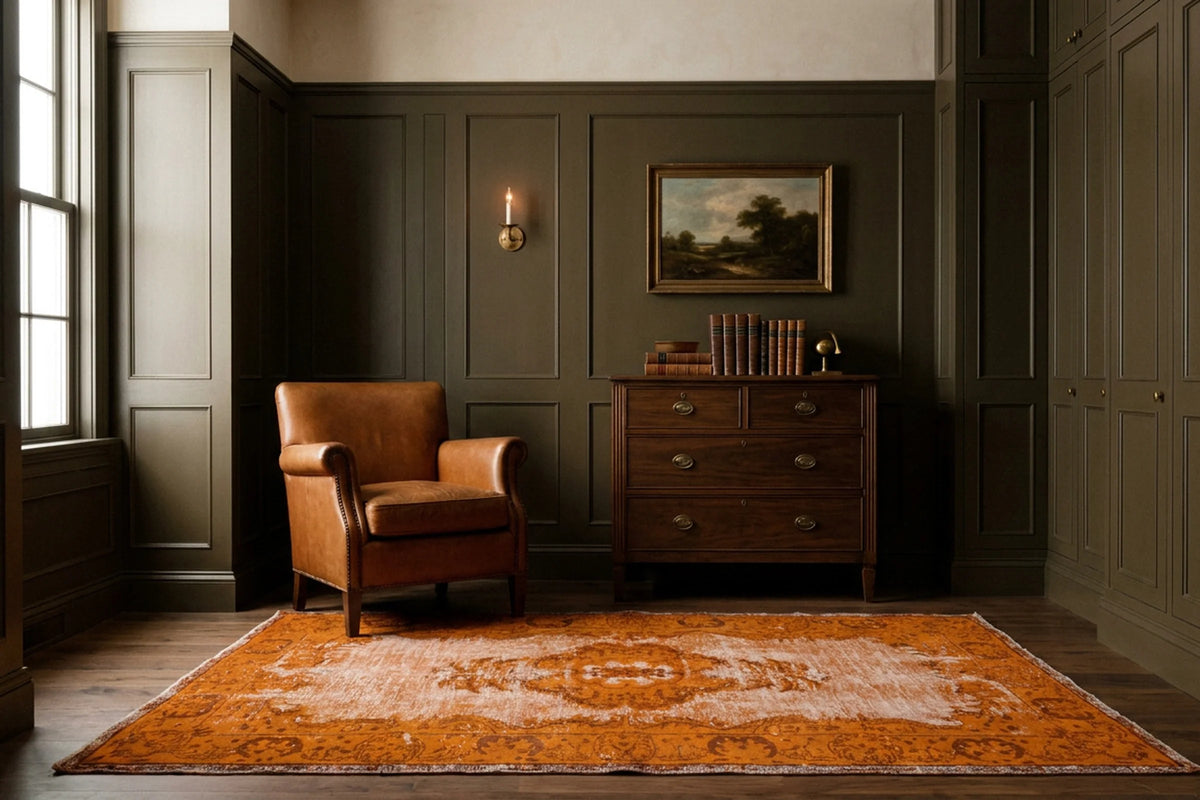 Orange Turkish rug in a styled room