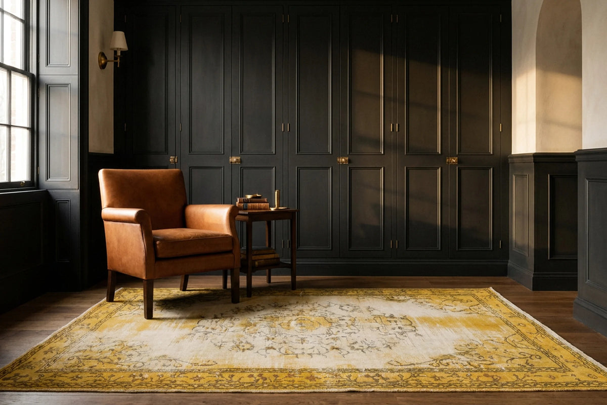 Yellow Turkish rug in a styled room