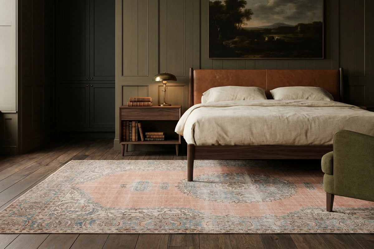 Orange Turkish rug in a bedroom