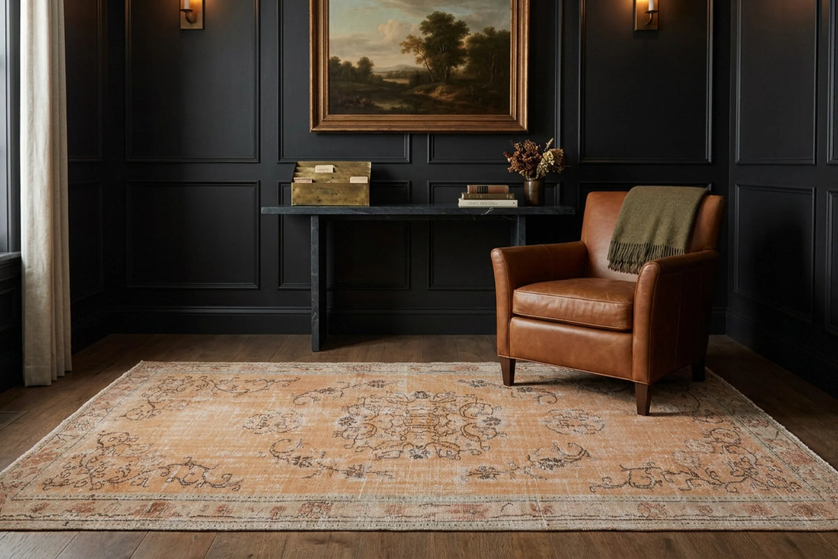 Orange Turkish rug in a styled room