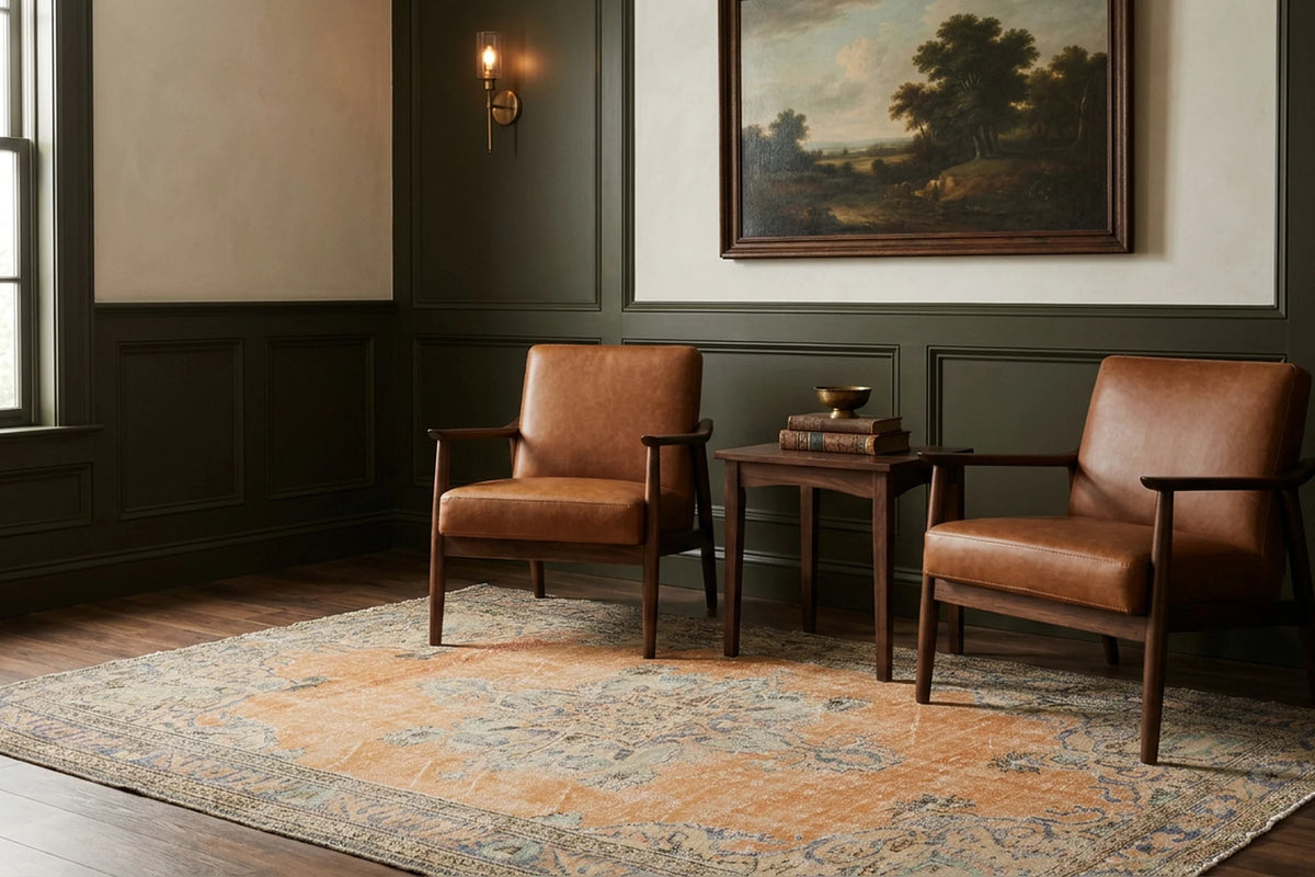 Orange Turkish rug in a styled room