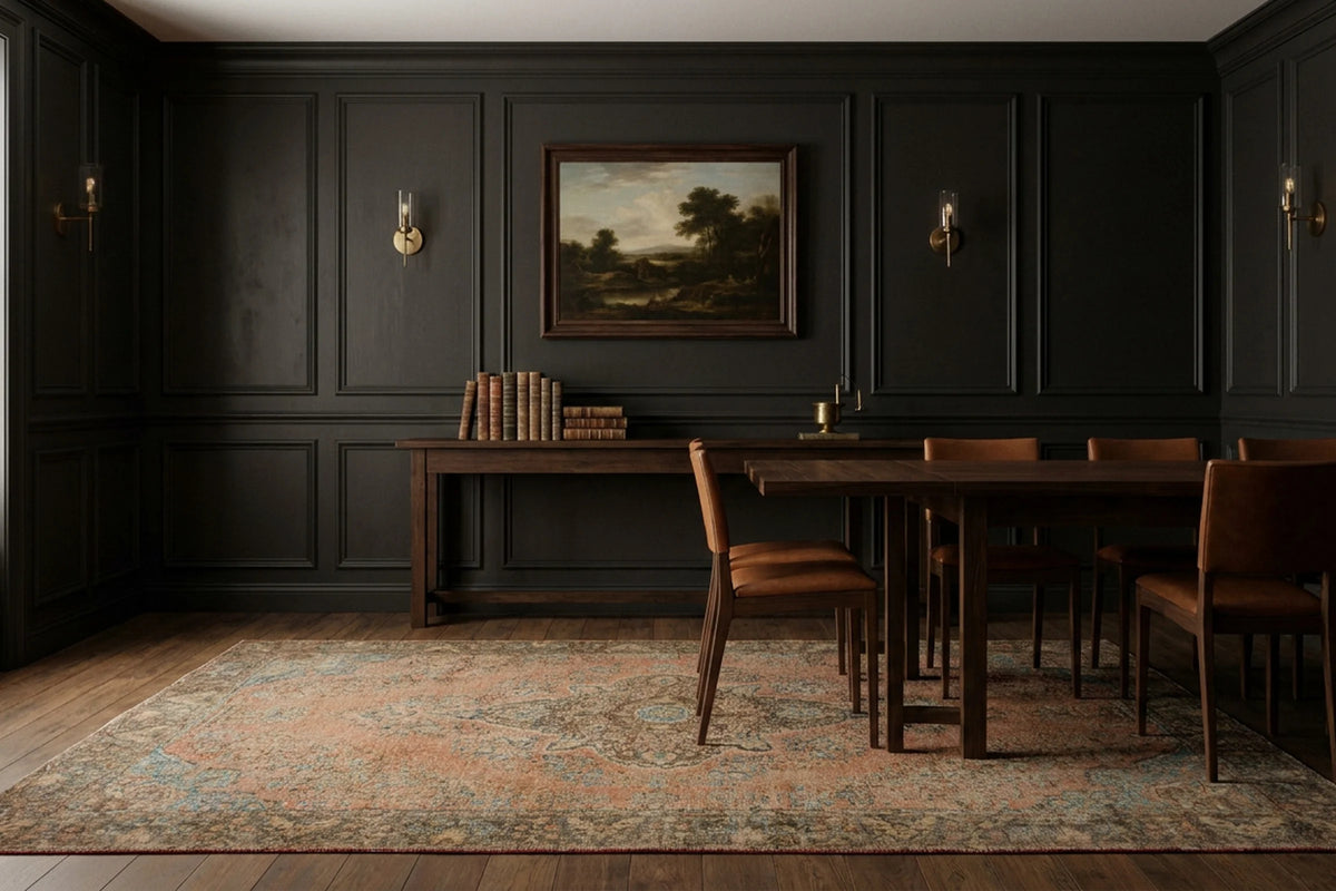 Orange Turkish rug in a dining room