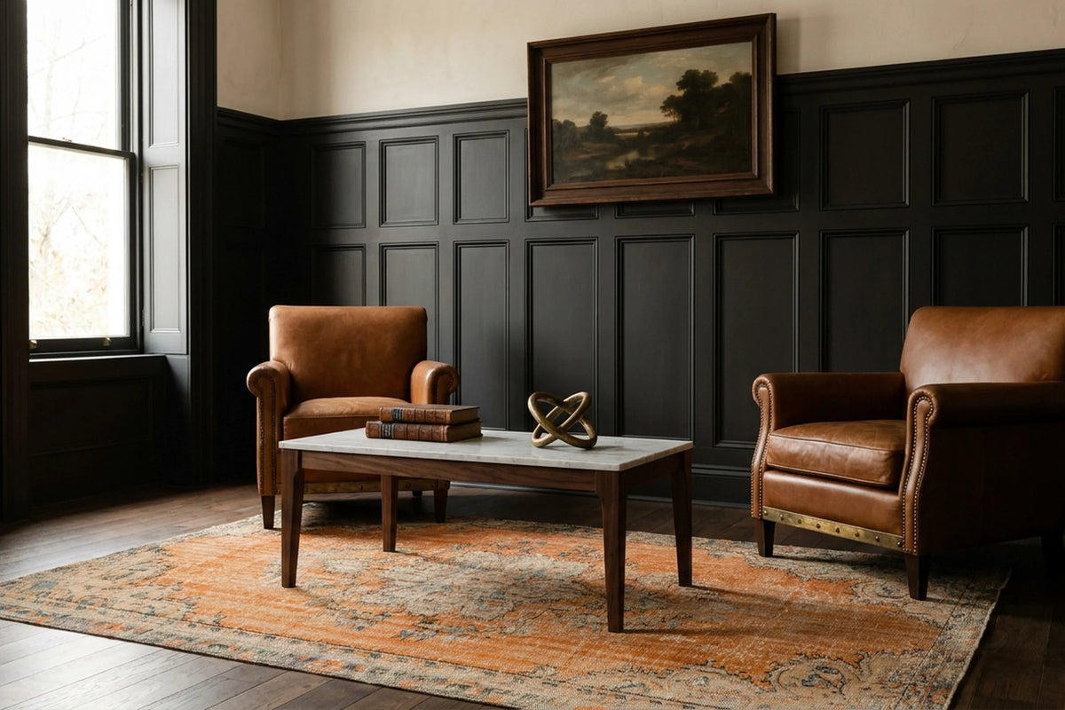 Orange Turkish rug in a styled room