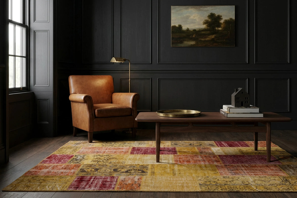 Yellow Turkish rug in a styled room