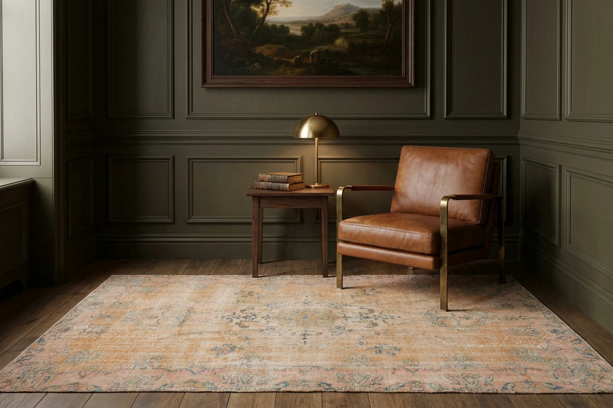Orange Turkish rug in a styled room