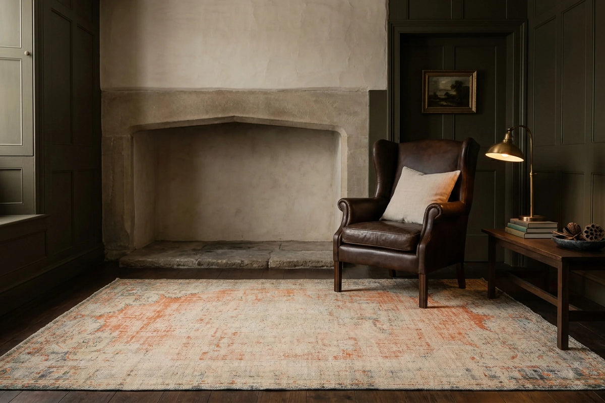 Orange Turkish rug in a styled room