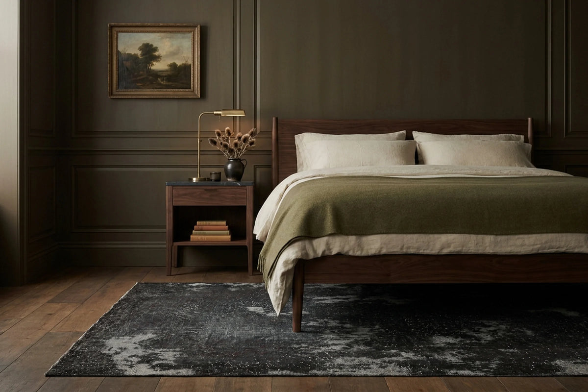 Orange Turkish rug in a bedroom