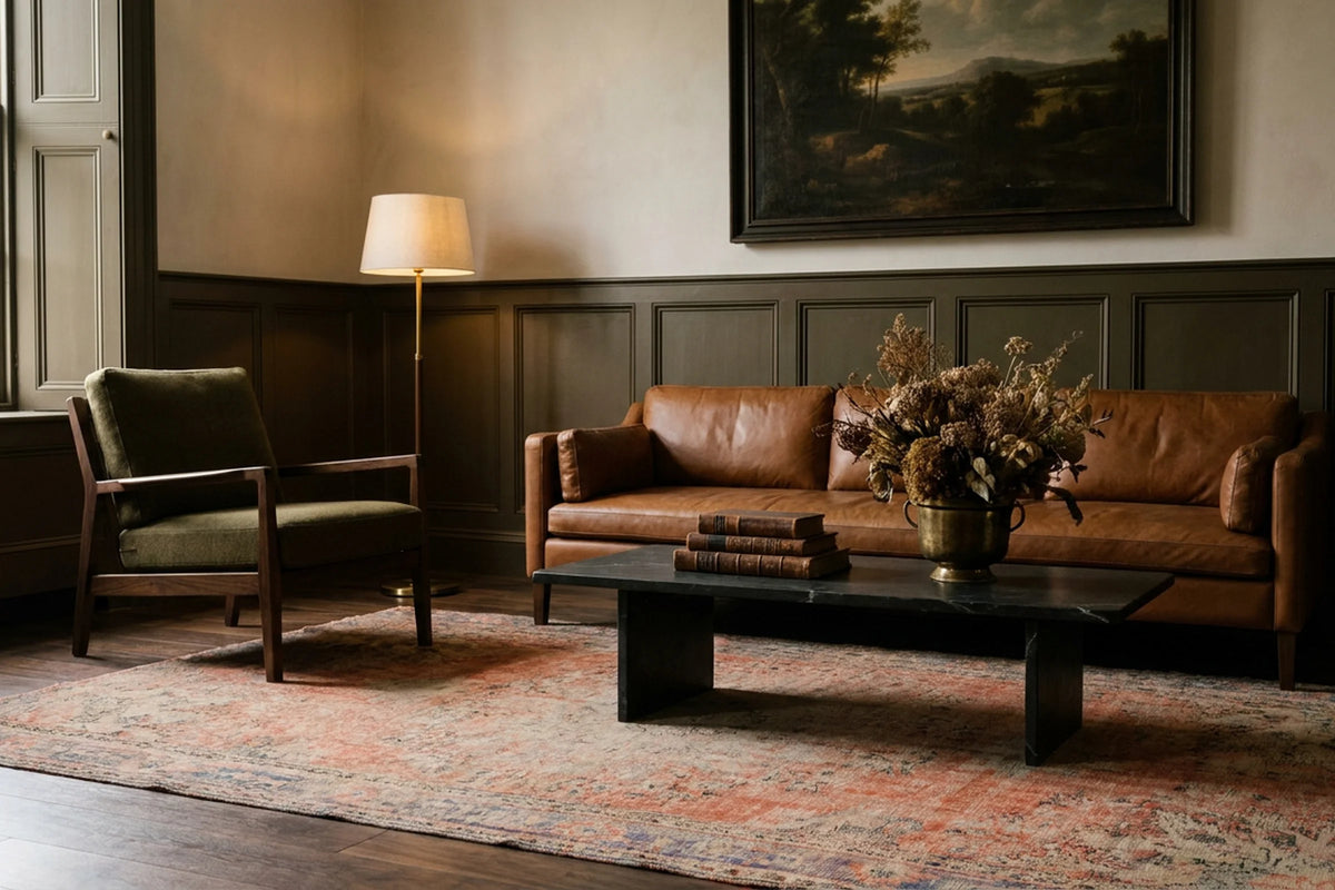 Orange Turkish rug in a styled room