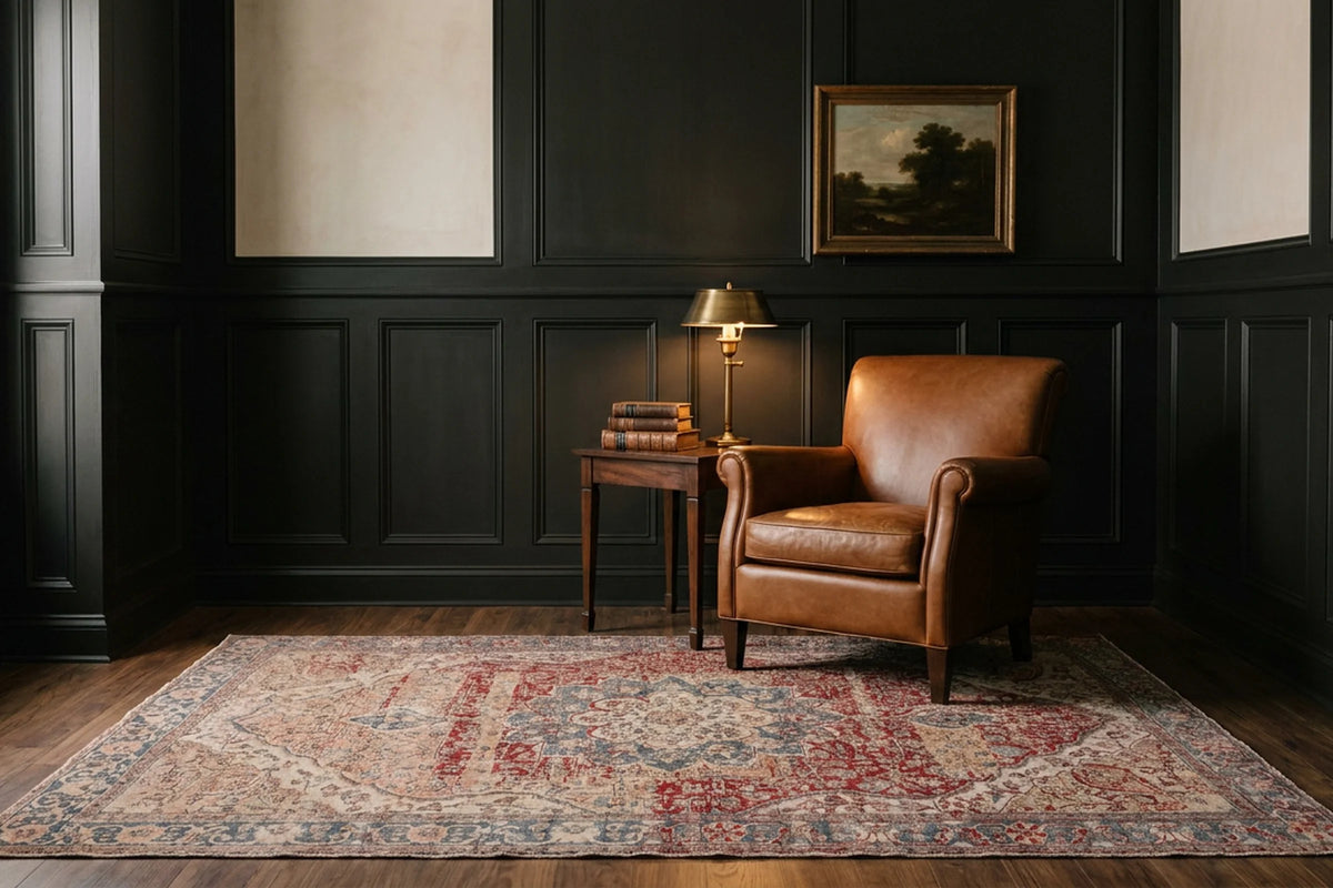 Orange Turkish rug in a styled room