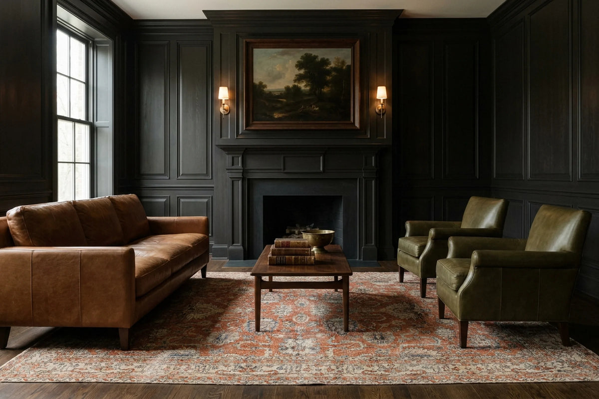 Orange Turkish rug in a styled room