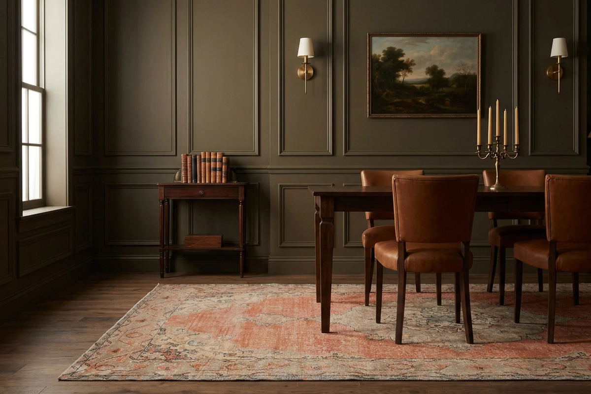 Orange Turkish rug in a dining room